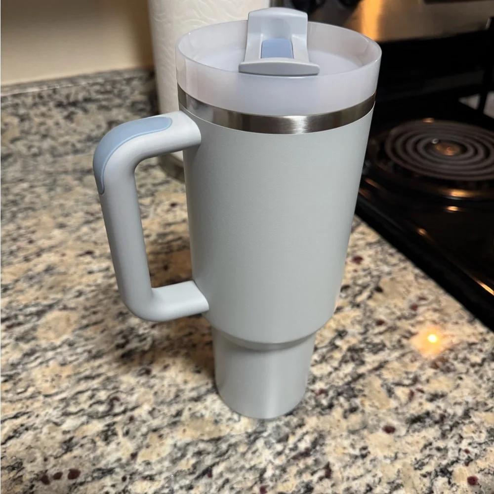 Stanley Pale Gray Travel Mug with Light Blue Logo - Picture 2 of 7